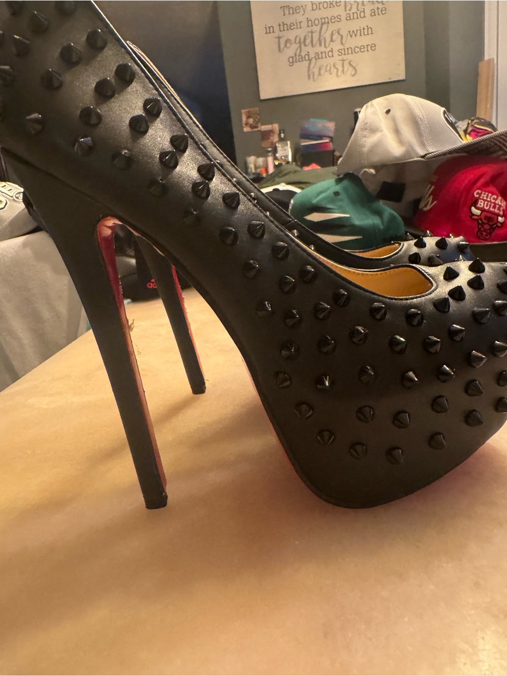 Christian Louboutin Black Studded Platform Stilettos with Red Soles